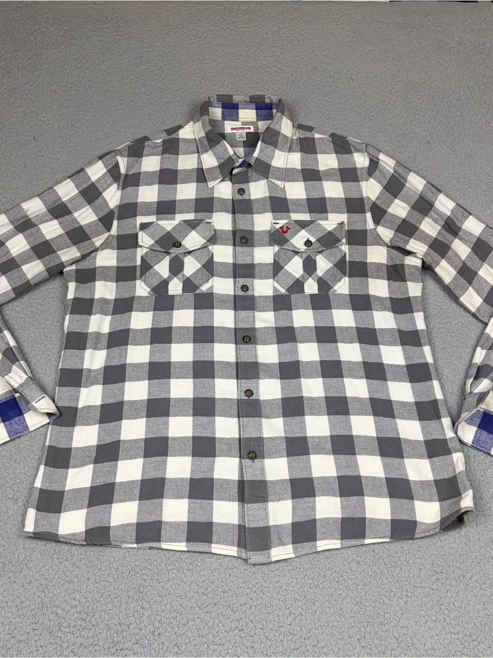 True Religion Shirt Men's Gray and White Check Button Up Flap Pockets Logo